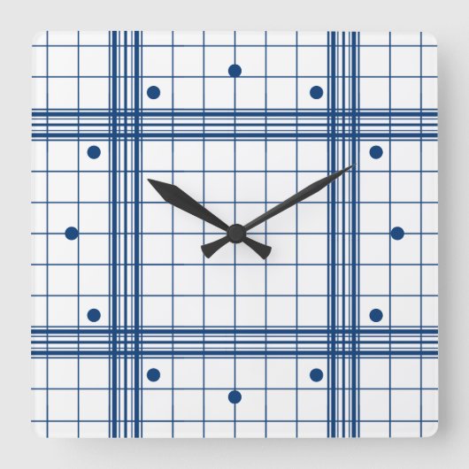 クラシックダークブルーファームハウスプレイドパターンオンホワイト スクエア壁時計 (正面)