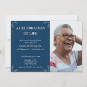 クラシックダークブルーヴィンテージ葬儀カスタム写真 招待状 (正面)