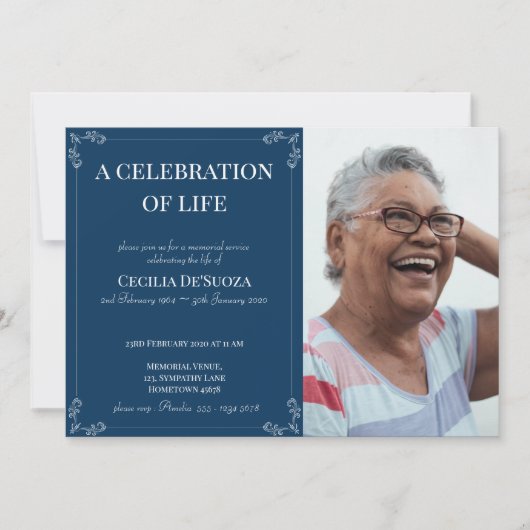 クラシックダークブルーヴィンテージ葬儀カスタム写真 招待状 (正面)