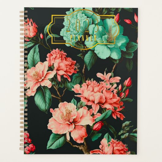 クラシックダークボタニカルとブルーとピンクの花模様 プランナー手帳 (正面)