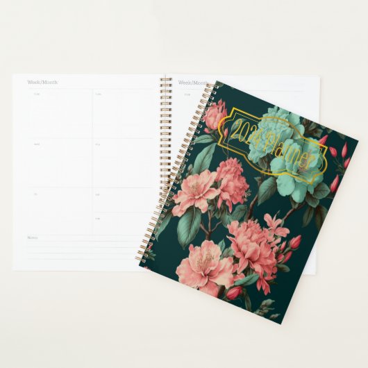 クラシックダークボタニカルとブルーとピンクの花模様 プランナー手帳 (ディスプレー)