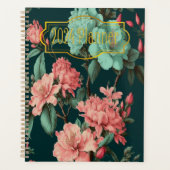 クラシックダークボタニカルとブルーとピンクの花模様 プランナー手帳 (正面)