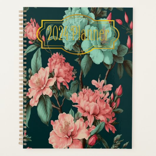 クラシックダークボタニカルとブルーとピンクの花模様 プランナー手帳 (正面)