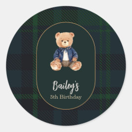 クラシックチェック柄の子グマの誕生日 ラウンドシール