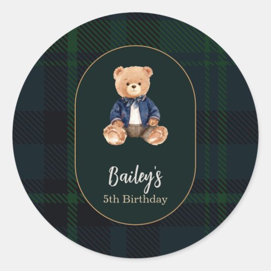 クラシックチェック柄の子グマの誕生日 ラウンドシール (正面)
