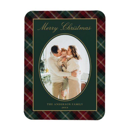 クラシックチェック柄の家族写真クリスマス マグネット (縦)