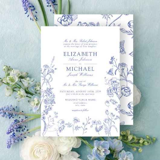 クラシックチノイスリービクトリアンブルーフローラ結婚ズ 招待状