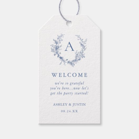 クラシックチノイスリーブルーモノグラム結婚の歓迎 ギフトタグ (正面)