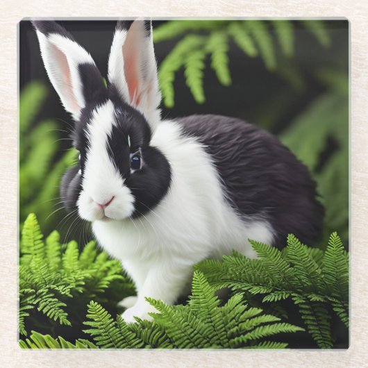 「クラシックチャーム白と黒のウサギ」 ガラスコースター (正面)