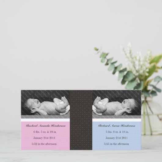 クラシックツインガールボーイダブル新生児フォトカード 案内状 (スタンド正面)
