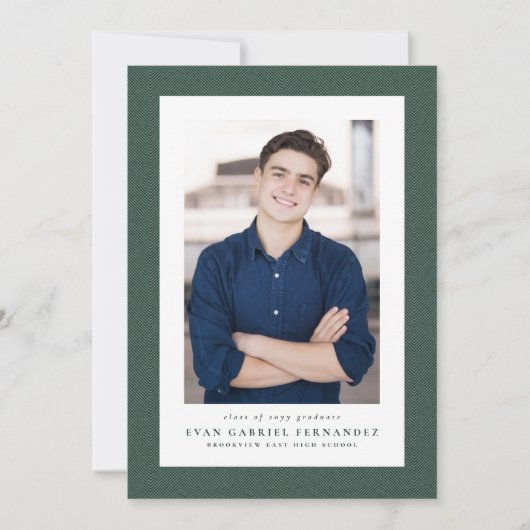クラシックツイードシンプル枠の緑の写真卒業 案内状 (正面)