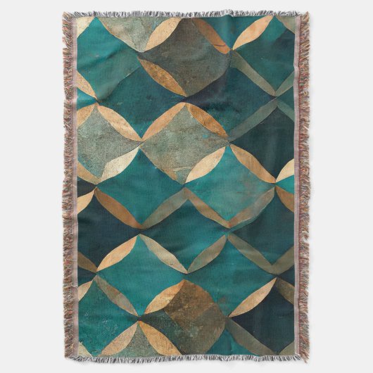 クラシックティール(緑がかった色)金ゴールド幾何学的な豪華さエレガント スローブランケット (正面縦)