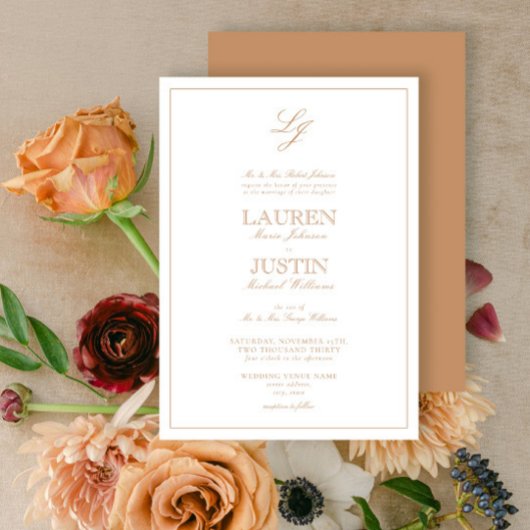 クラシックテラコッタスクリプトモノグラムウェディング 招待状