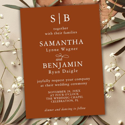 クラシックテラコッタモノグラムイニシャルズ結婚ズ 招待状