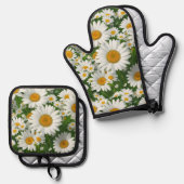 クラシックデイジー型白フローラ野緑 鍋つかみ&鍋敷きセット (正面/裏面)