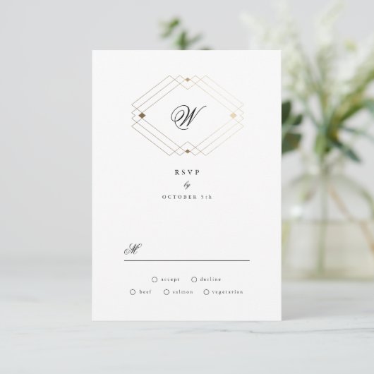 クラシックデコ金ゴールドヴィンテージグレー書結婚道 出欠カード (スタンド正面)