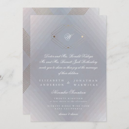 クラシックデコ金ゴールドヴィンテージグレー書結婚道 招待状 (正面/裏面)