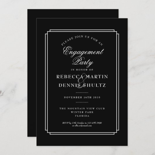 クラシックデコ | 白黒婚約パーティ 招待状 (正面/裏面)