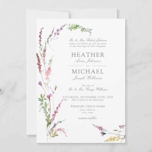 クラシックトレンディーエレガントワイルドフラワー結婚フローラ 招待状 (正面)