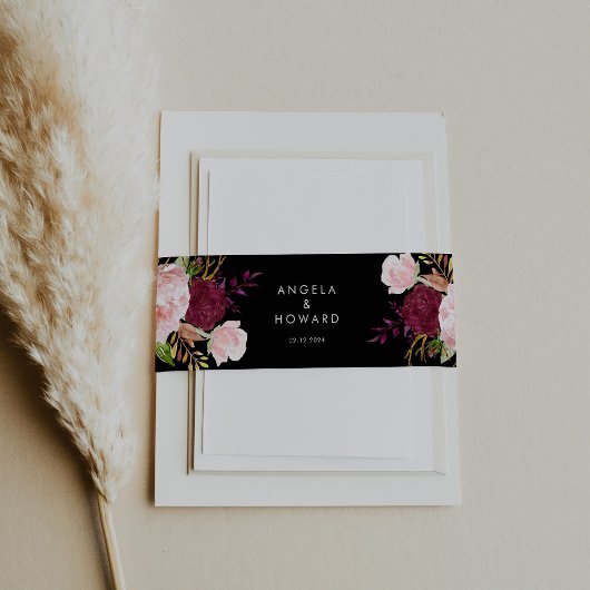 クラシックトロピカルブラックとブルゴーニュ結婚ーズ 招待状ベリーバンド