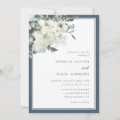 クラシックネイビエレガントーブルーアイボリー結婚フローラ 招待状 (正面)
