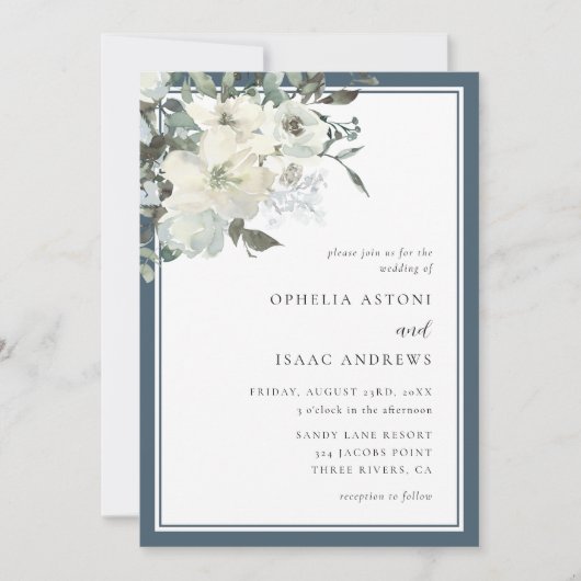 クラシックネイビエレガントーブルーアイボリー結婚フローラ 招待状 (正面)