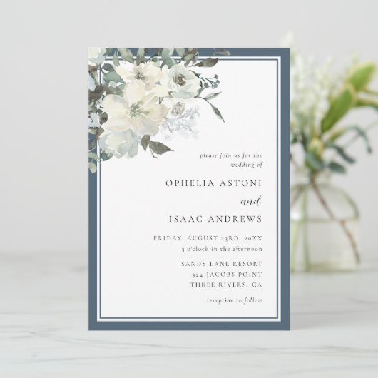 クラシックネイビエレガントーブルーアイボリー結婚フローラ 招待状 (スタンド正面)