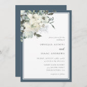 クラシックネイビエレガントーブルーアイボリー結婚フローラ 招待状 (正面/裏面)