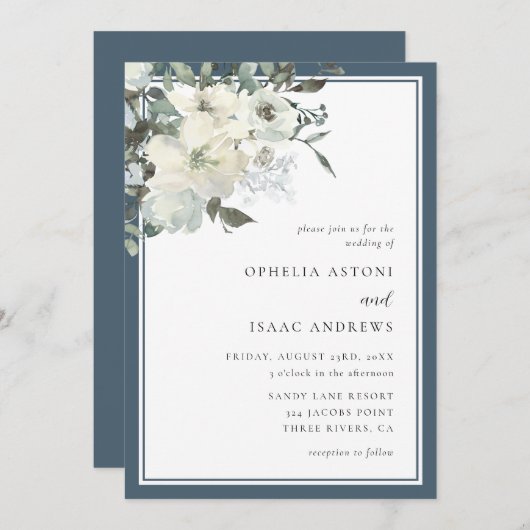 クラシックネイビエレガントーブルーアイボリー結婚フローラ 招待状 (正面/裏面)