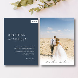 クラシックネイビフォーマルーブルーモノグラムのスクリプ結婚ト 招待状