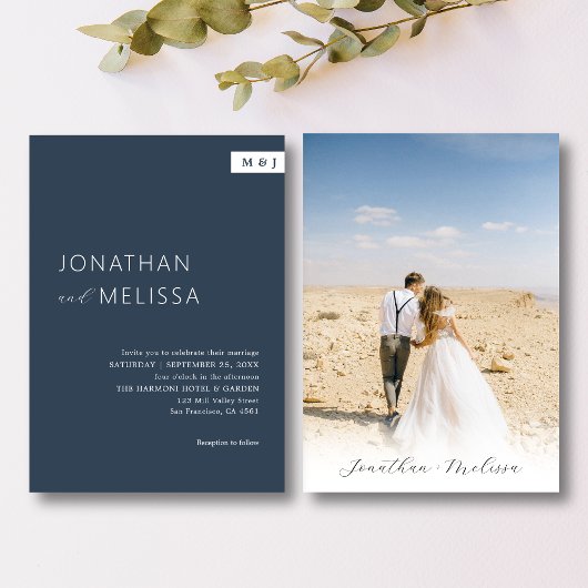 クラシックネイビフォーマルーブルーモノグラムのスクリプ結婚ト 招待状