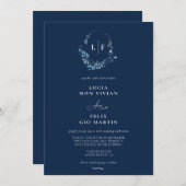 クラシックネイビフォーマルーブルーモノグラムイニシャル結婚ズ 招待状 (正面/裏面)