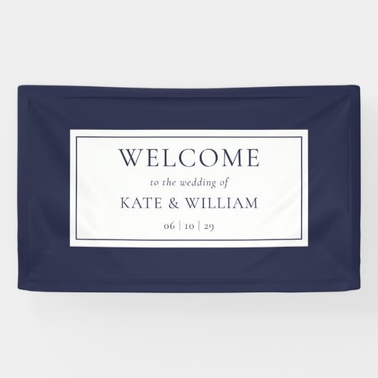 クラシックネイビモダンーブルー結婚の歓迎 横断幕 (横)