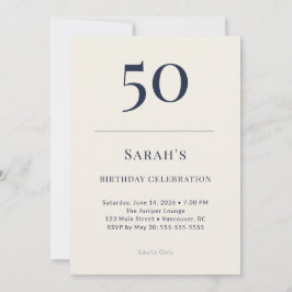 クラシックネイビーとクリーム色の50歳の誕生日お祝い 招待状