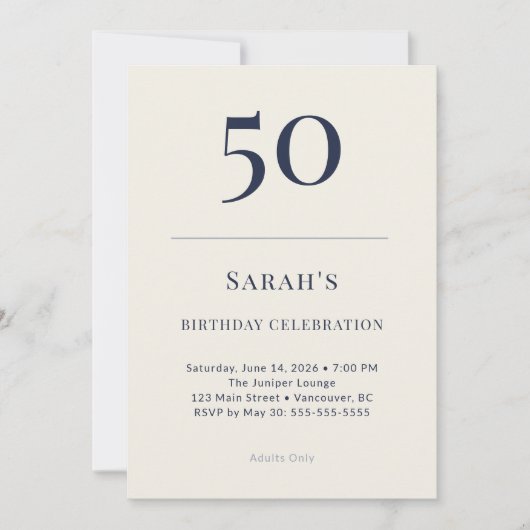 クラシックネイビーとクリーム色の50歳の誕生日お祝い 招待状 (正面)