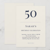 クラシックネイビーとクリーム色の50歳の誕生日お祝い 招待状 (正面/裏面)