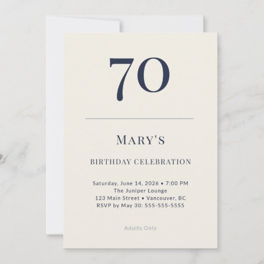 クラシックネイビーとクリーム色の70歳の誕生日お祝い 招待状 (正面)