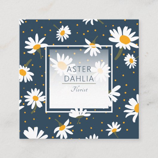 クラシックネイビーイエローホワイトデイジードット花パターン スクエア名刺 (正面)