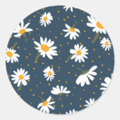 クラシックネイビーイエローホワイトデイジーフローラルパターン ラウンドシール (正面)