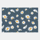 クラシックネイビーイエローホワイトデイジーフローラルパターン ラッピングペーパーシート (正面)