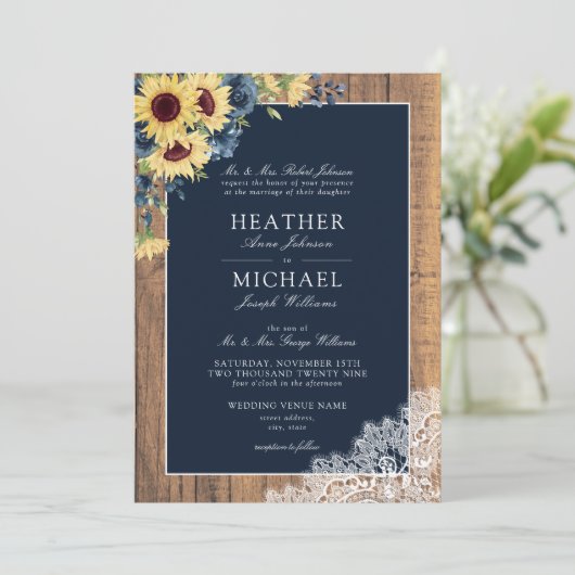 クラシックネイビーブルーサンフラワーレース結婚スクリプト 招待状 (スタンド正面)