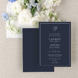 クラシックネイビーブルースクリプトモノグラム結婚ズ 招待状