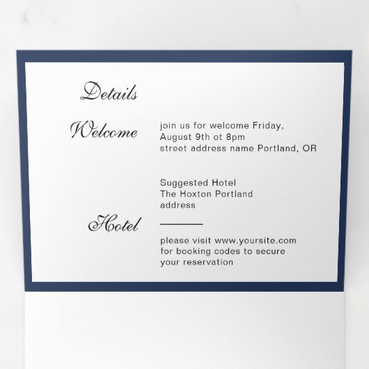 クラシックネイビーブルーフレームエレガントな結婚式 三つ折り招待状 (内部最初)