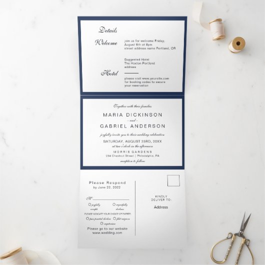 クラシックネイビーブルーフレームエレガントな結婚式 三つ折り招待状 (内部)