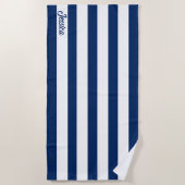 クラシックネイビーブルーホワイトカバナストリップパーソナライズされた ビーチタオル (正面)