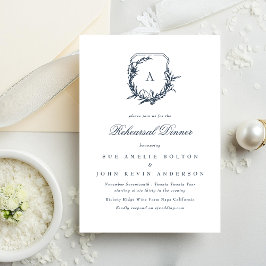 クラシックネイビーブルーモノグラムクレストリハーサルディナー 招待状