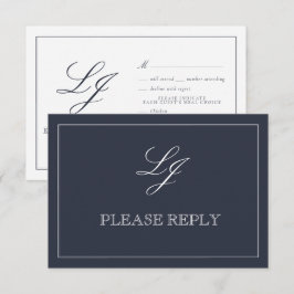 クラシックネイビーブルー書道モノグラム結婚のRSV 出欠カード