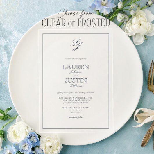 クラシックネイビーブルー書道モノグラム結婚ズ アクリル招待状