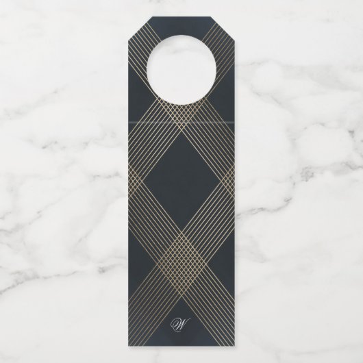 クラシックネイビーブルー書道モノグラム結婚ズ ボトルネックタグ (裏面)