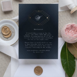 クラシックネイビーブルー書道モノグラム結婚ズ 出欠カード